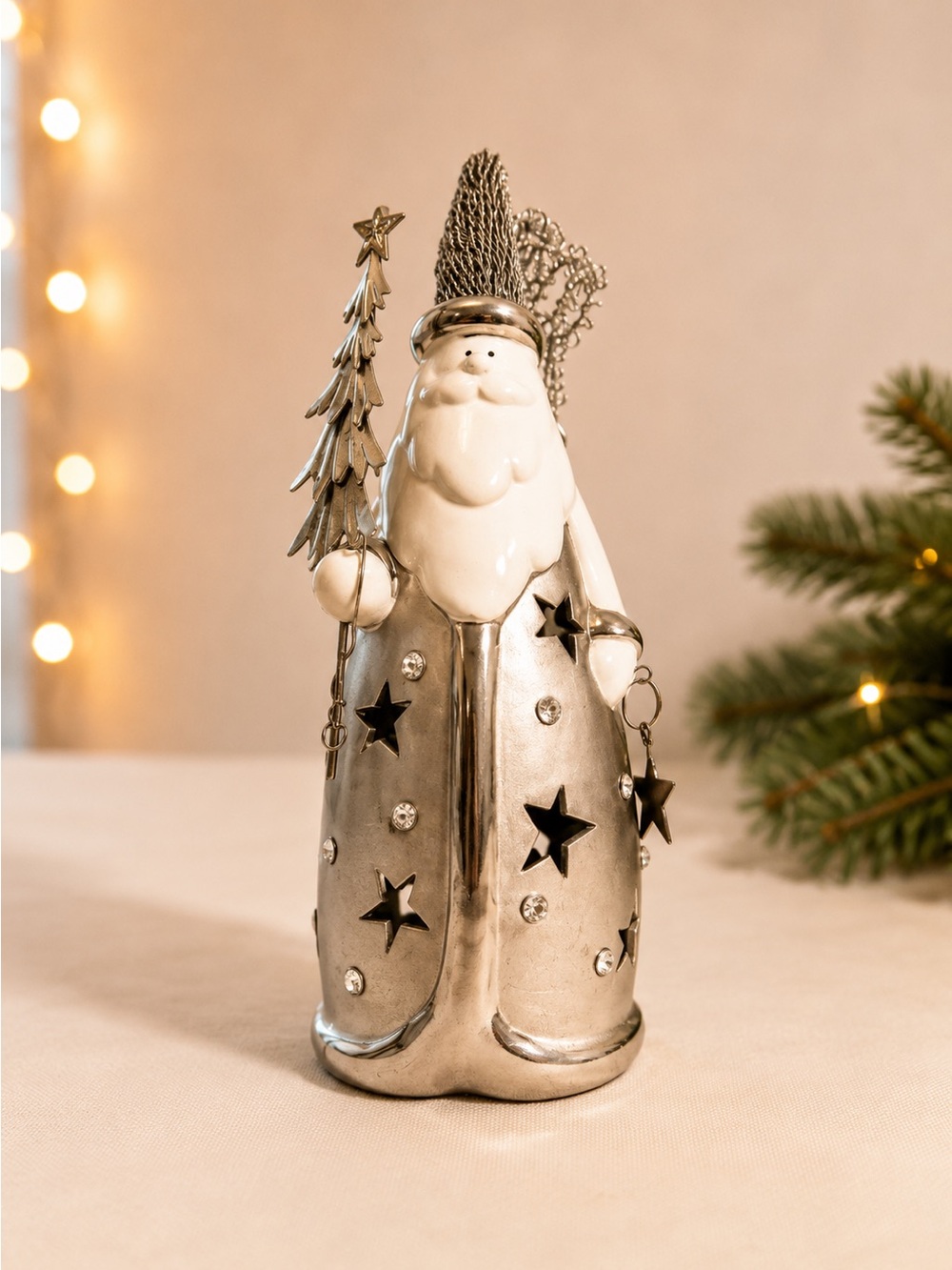 Metallic Silver Santa Tabletop Ornament - Holiday Decor